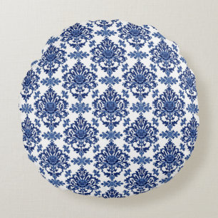 Coussins Ronds Motif floral baroque bleu royal et blanc de luxe