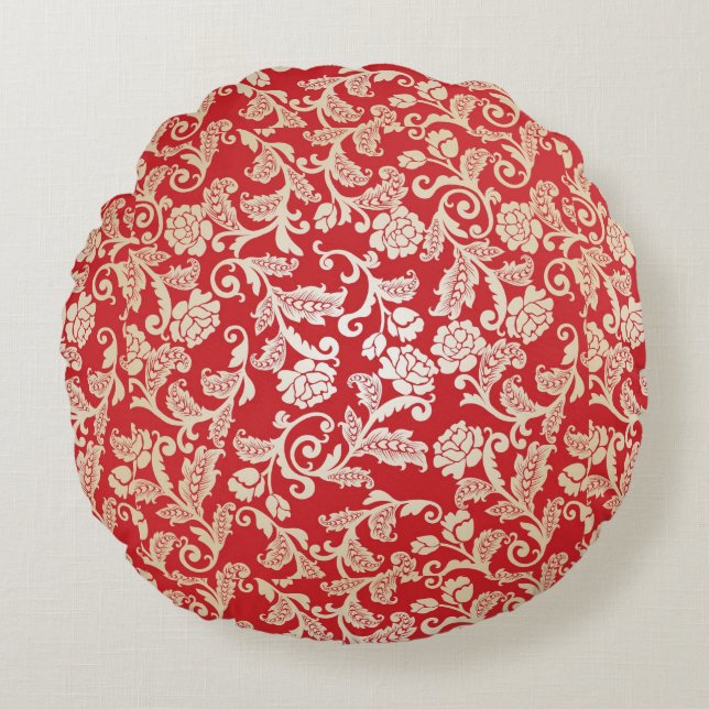 Coussins Ronds Motif floral d'arrière - plan de damassé (Devant)