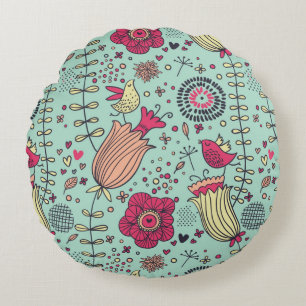 Coussins Ronds Motif floral de bande dessinée avec des oiseaux