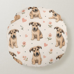 Coussins Ronds Motif floral de chiots mignons avec des cœurs