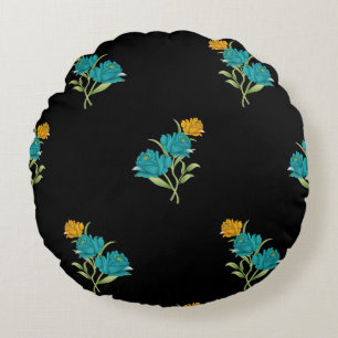 Coussins Ronds Motif floral Turquoise Coral vert sur noir