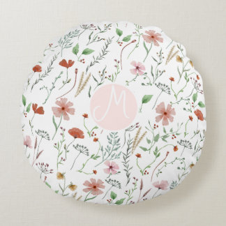 Coussins Ronds Motif floral vintage bohème à l'aquarelle de fleur