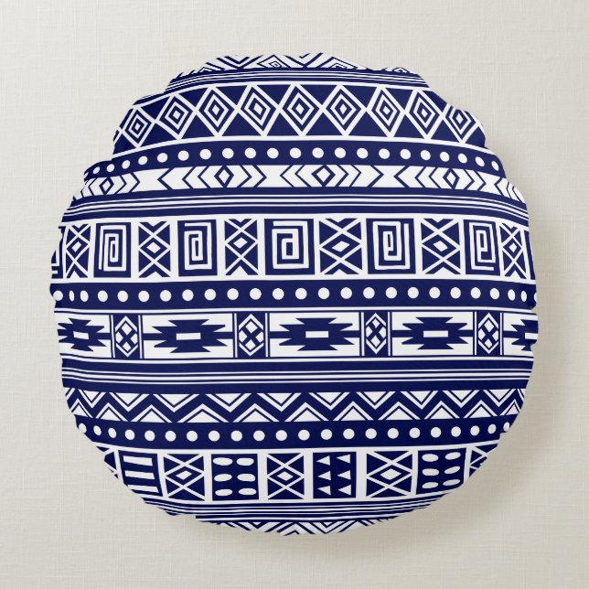 Coussins Ronds Motif géométrique tribal bleu (Devant)