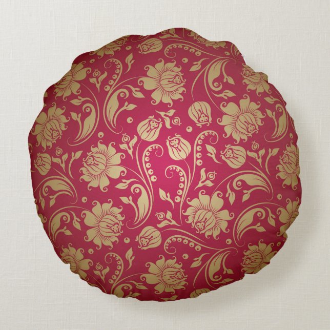 Coussins Ronds Motif Gold & Burgundy Rouge Floral Damas (Dos)