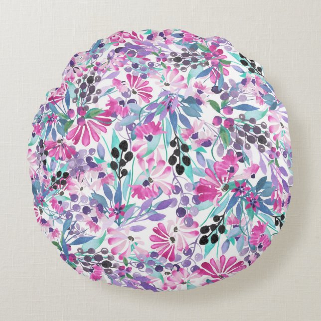 Coussins Ronds Motif incomparable de fleurs et de baies violettes (Devant)