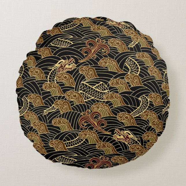 Coussins Ronds Motif oriental de dragon de mer (Devant)
