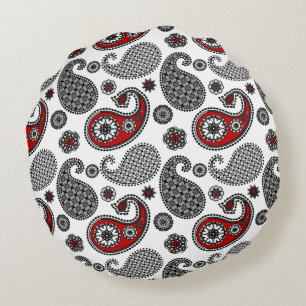 Coussins Ronds Motif Paisley, noir, blanc et rouge
