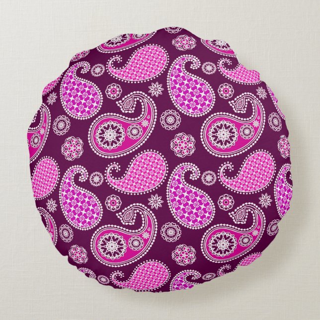 Coussins Ronds Motif Paisley, rose fuchsia, violet et blanc (Dos)