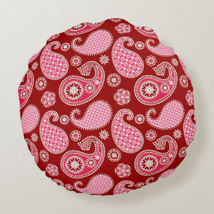 Coussins Ronds Motif Paisley, rouge foncé, rose et blanc