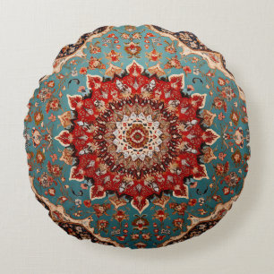 Coussins Ronds Motif persan rétro oriental rouge crème bleu