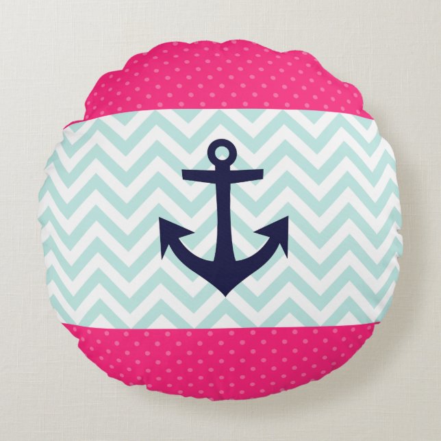 Coussins Ronds Motif rose nautique d'Ancre de Chevron de menthe (Devant)