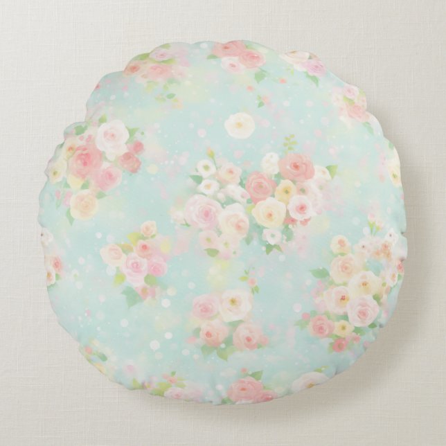 Coussins Ronds Motif Rose Pastel souple sur Aqua Arrière - plan (Devant)
