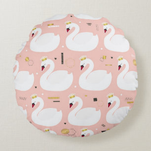 Coussins Ronds Motif sans couture avec de mignons cygnes blancs. 