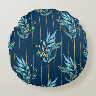 Coussins Ronds Motif sans couture avec feuilles bleus et rayures