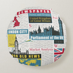 Coussins Ronds motif sans couture avec journal britannique ou lo