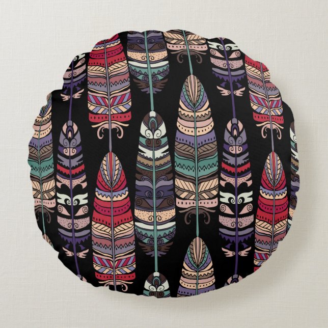 Coussins Ronds Motif sans couture avec plumes d'oiseaux. L'art tr (Devant)