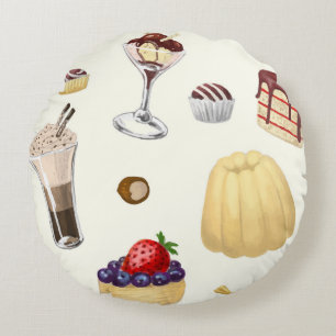 Coussins Ronds Motif sucré avec des desserts variés.
