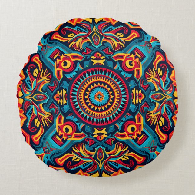 Coussins Ronds Motif tribal Abstrait et dynamique de Huichol (Devant)