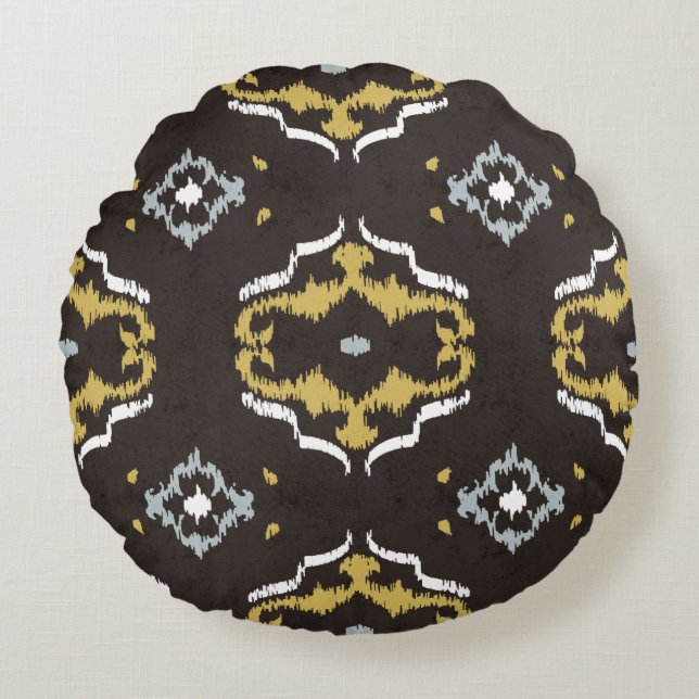 Coussins Ronds Motif tribal chic jaune brun ikat (Devant)