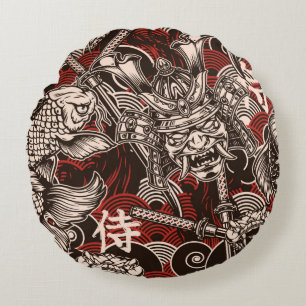 Coussins Ronds motif vintage japonais sans soudure avec katana sw