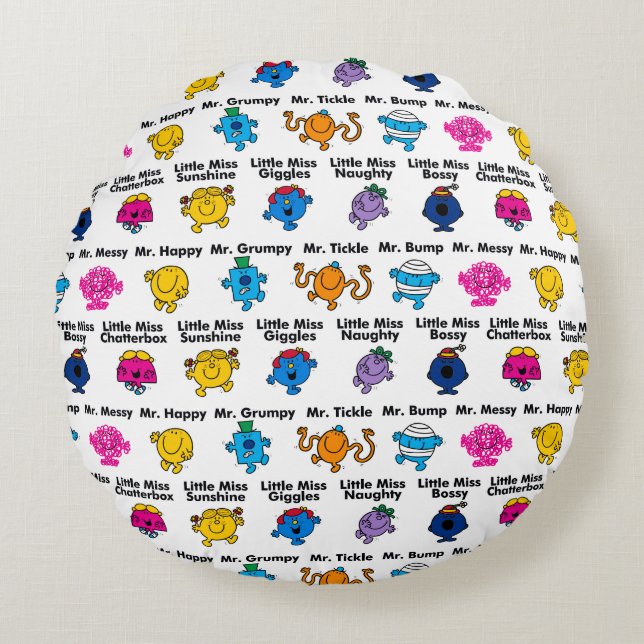 Coussins Ronds Mr Men & Little Miss | Noms des personnages (Devant)