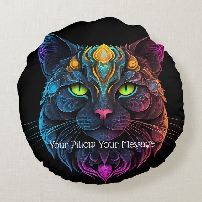 Coussins Ronds Mystic Neon Mandala Chat Psychedelic Feline Imagin (Dos)