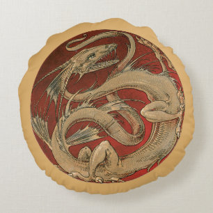 Coussins Ronds Mythologie Vintage, Dragon Asiatique Doré Antique
