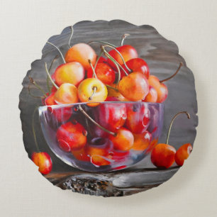 Coussins Ronds Nature morte de cerises dans un bol en verre sur t