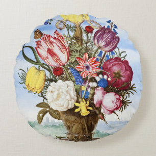 Coussins Ronds Nature morte florale de l'Âge d'or néerlandais vin
