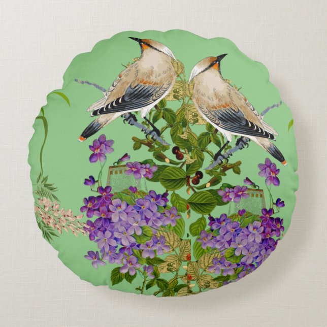 Coussins Ronds Nature Verdure Aquarelle Florale Oiseau Lilac Fleu (Devant)