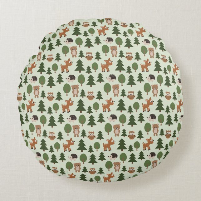 Coussins Ronds Naturel Woodland Amis Bébé Animaux Arbres (Devant)