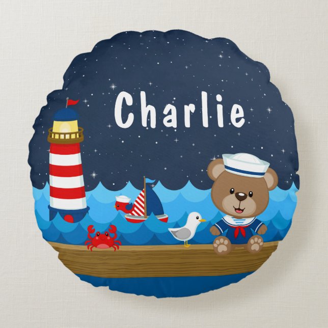 Coussins Ronds Nautical Boy Bear Rouge et Marine (Devant)