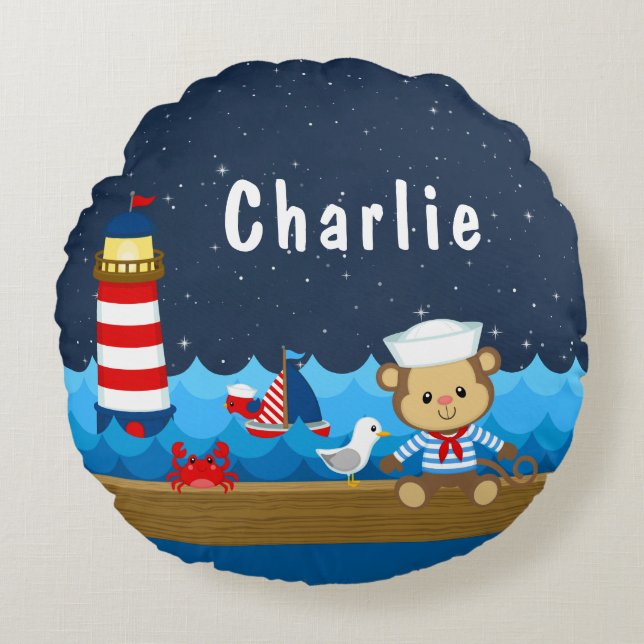 Coussins Ronds Nautical Boy Monkey Rouge et Marine (Devant)