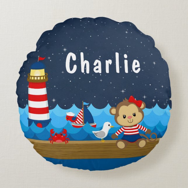Coussins Ronds Nautical Girl Monkey Rouge et Marine (Devant)