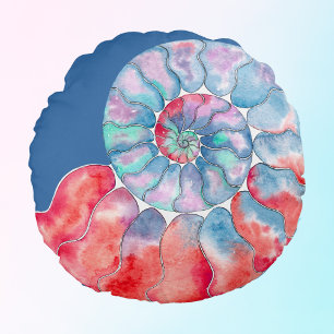 Coussins Ronds Nautilus gris rouge bleu sur bleu foncé