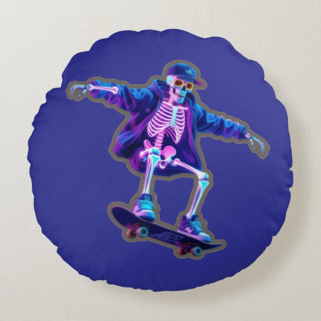 Coussins Ronds Neon 3D Skeleton Skateboarding – Funny Streetwear  (Devant)