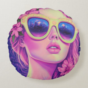 Coussins Ronds Neon Dream Girl avec lunettes de soleil florales
