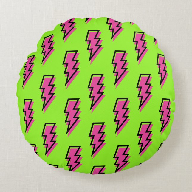 Coussins Ronds Neon Green & Pink Lightning Motif des années 80/90 (Devant)
