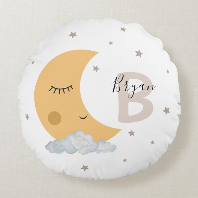 Coussins Ronds Neutral Moon Nursery Pillow with Custom Name Beige (Devant)