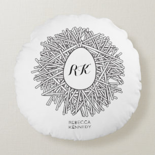 Coussins Ronds Nid et oeuf mignons - Initiales et nom personnalis