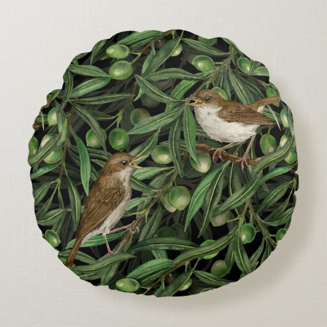 Coussins Ronds Nightingales dans l'olivier 3 (Devant)