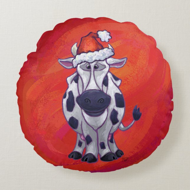 Coussins Ronds Noël de la vache sur Red Feild (Devant)