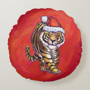 Coussins Ronds Noël de tigre sur le rouge
