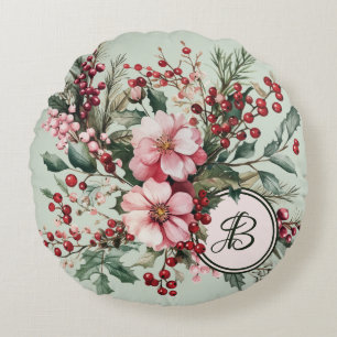 Coussins Ronds Noël Rose Fleurie Personnalisée en Aquarelle Ronde