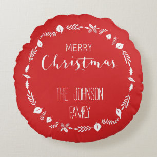 Coussins Ronds Noël Rouge Avec Décor Feuille Blanc