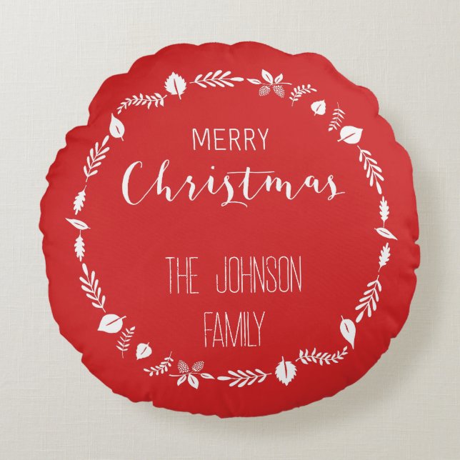 Coussins Ronds Noël Rouge Avec Décor Feuille Blanc (Devant)