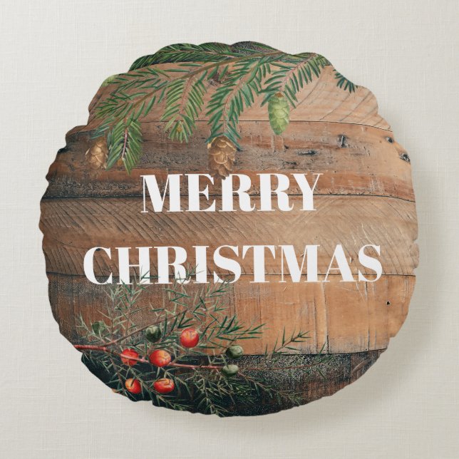 Coussins Ronds Noël Rustique Bois Joyeux Noël (Devant)