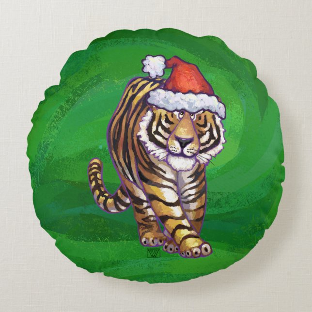 Coussins Ronds Noël Tigre Sur Vert (Devant)