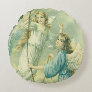 Coussins Ronds Noël vintage, anges victoriens avec une cloche