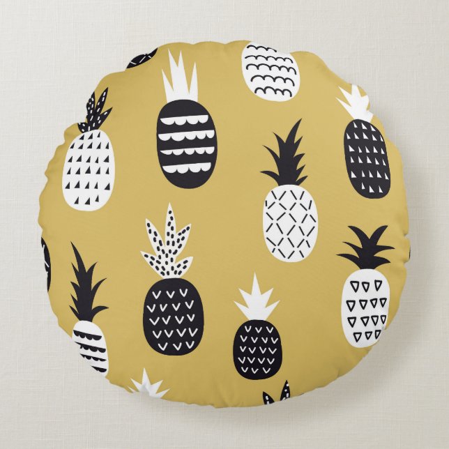 Coussins Ronds Noir, ananas blanc, arrière - plan jaune (Devant)